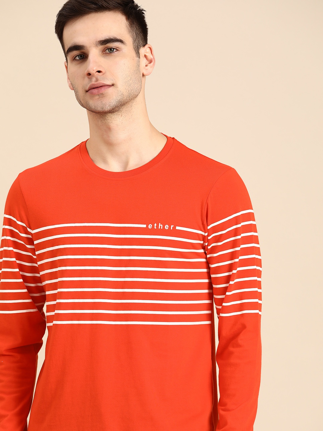 

ether Men Orange & White Pure Cotton Striped T-shirt