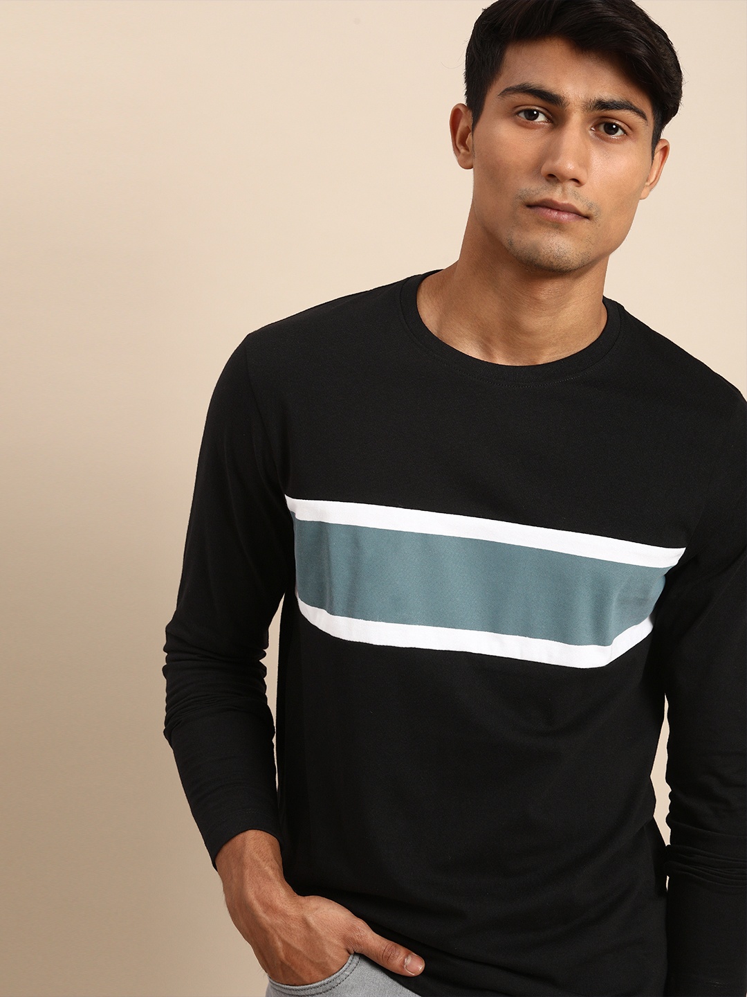 

ether Men Black Grey Pure Cotton Striped Detail Pure Cotton T-shirt