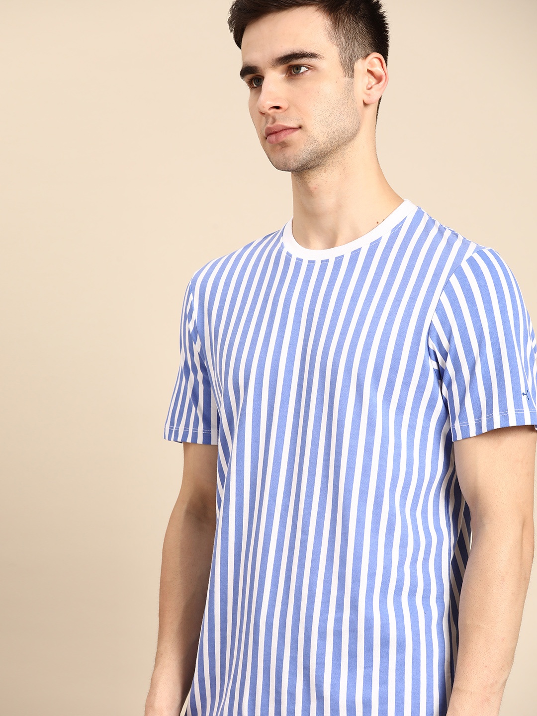 

ether Men Blue & White Pure Cotton Striped T-shirt