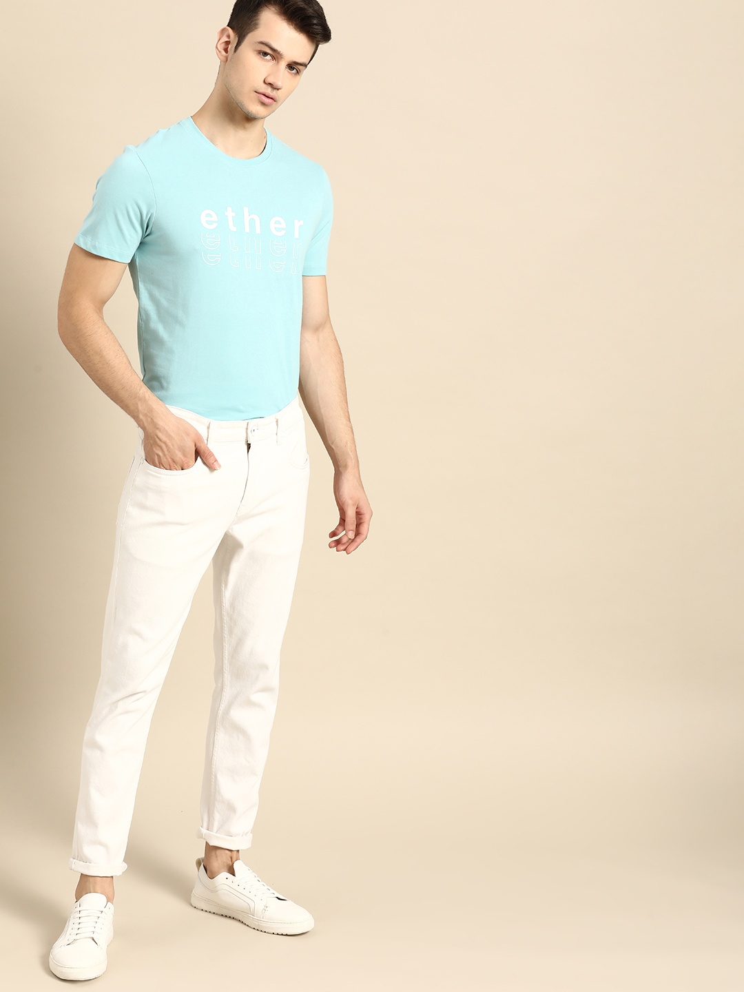 

ether Men Blue Pure Cotton Brand Logo Printed T-shirt