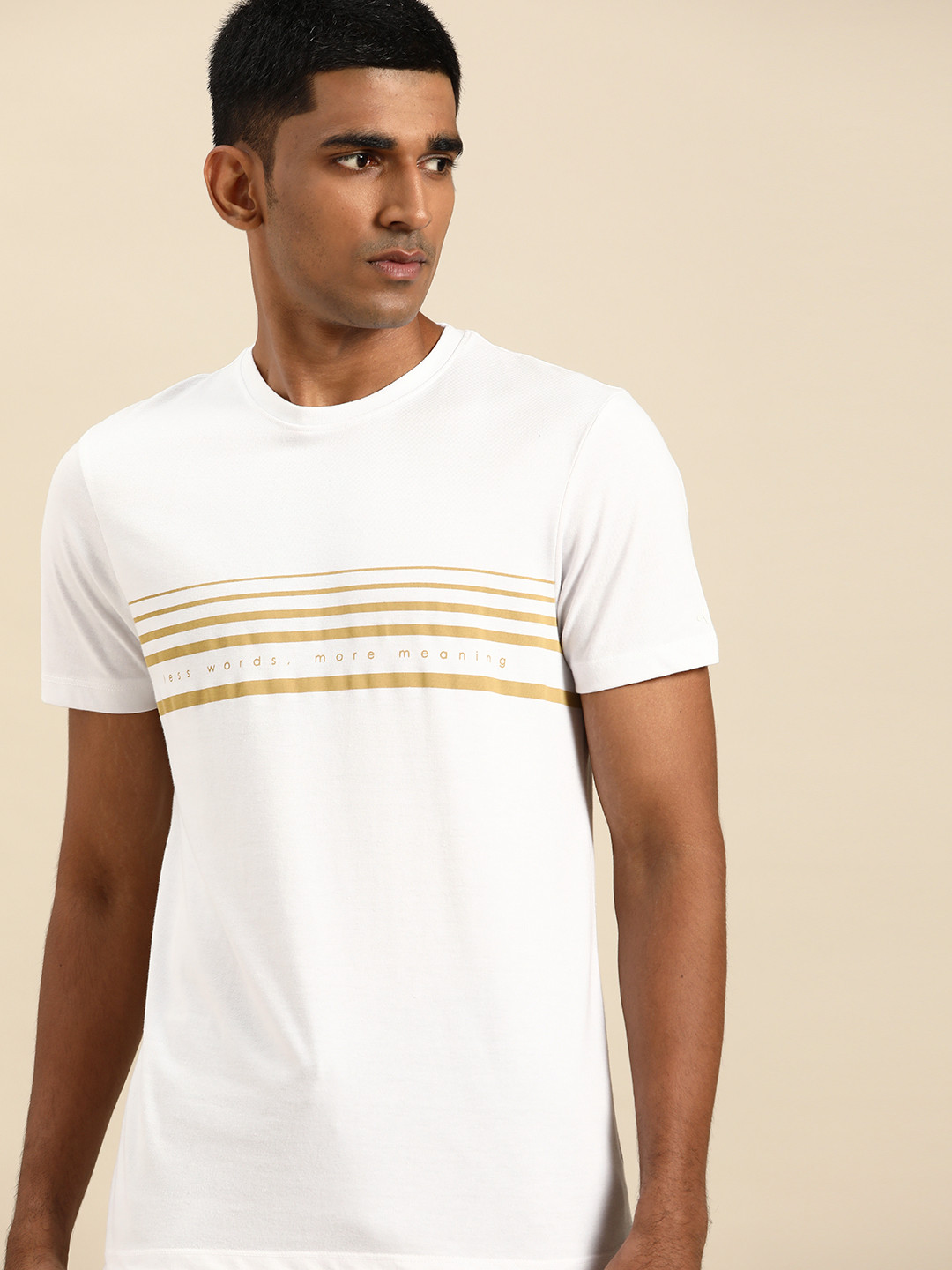 

ether Men White & Beige Striped Pure Cotton Round Neck T-shirt