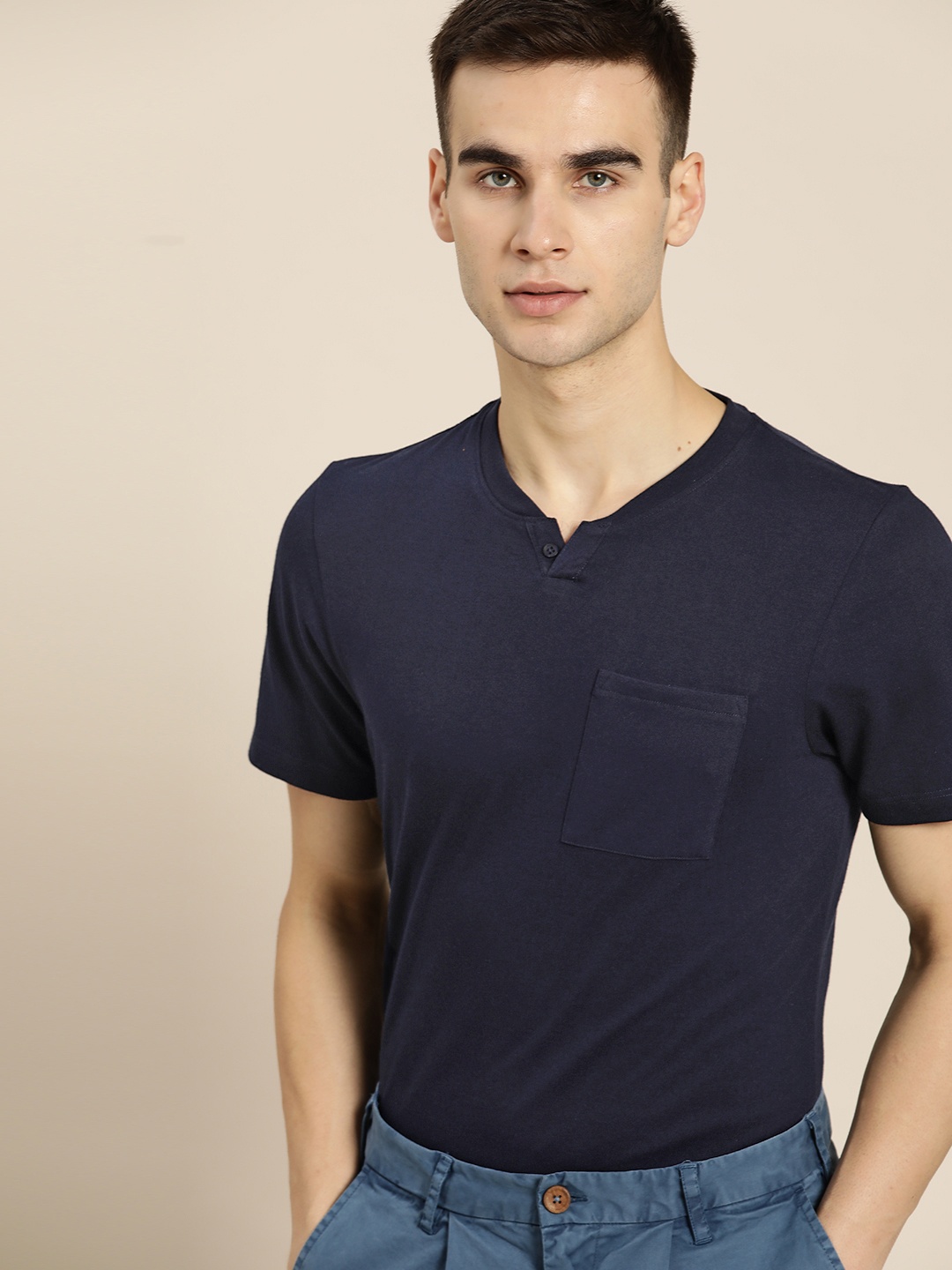 

ether Men Navy Blue Solid Cotton Indigo T-shirt