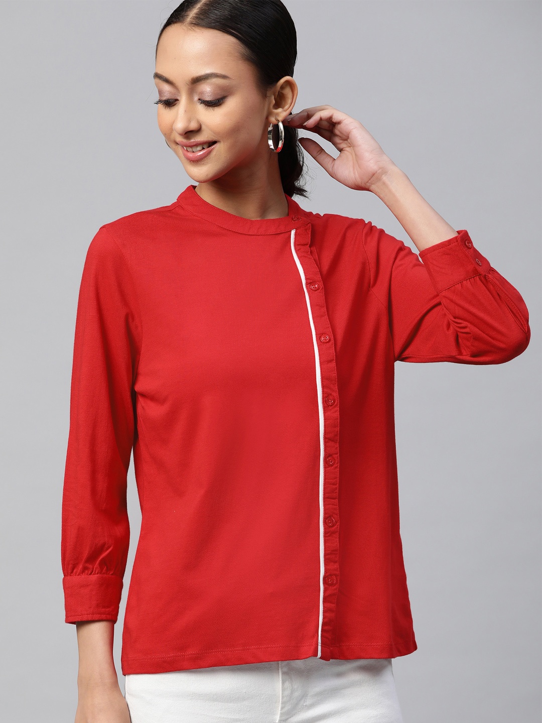 

Metronaut Red Cotton Solid Regular Top
