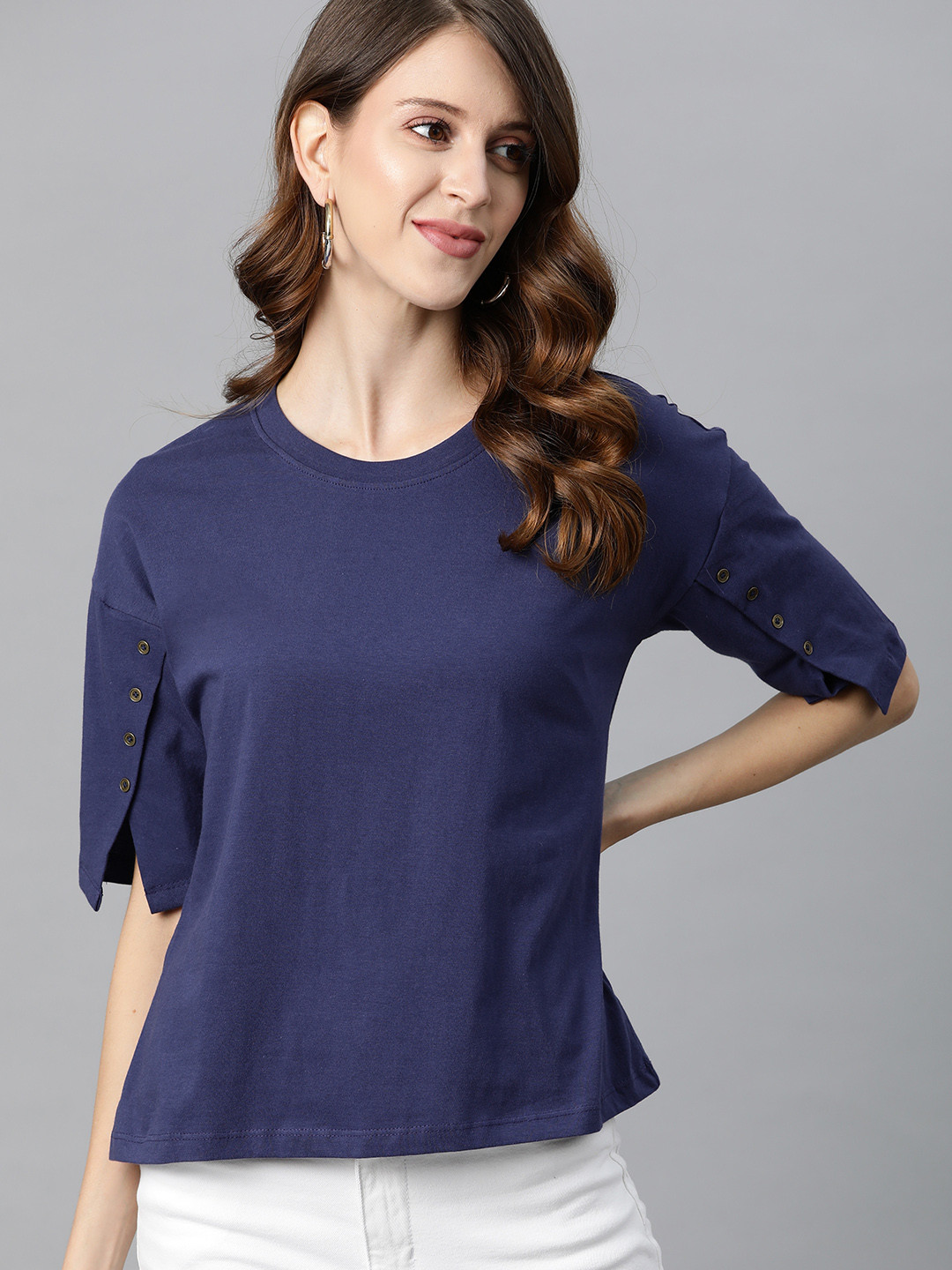 

Metronaut Navy Blue Buttoned Slit Sleeves Regular Top
