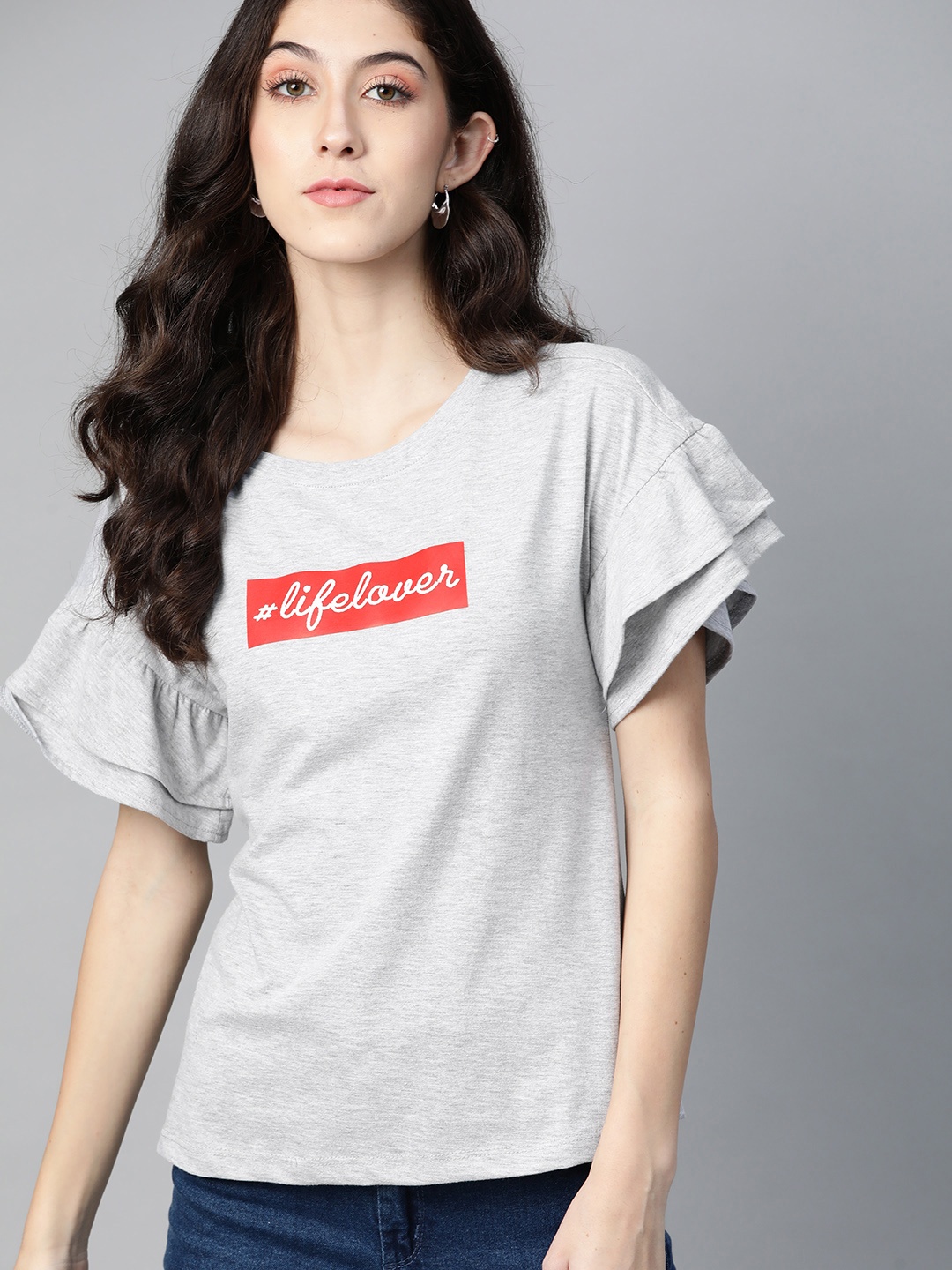 

Metronaut Grey Melange & Red Printed Flutter Sleeve Regular Top
