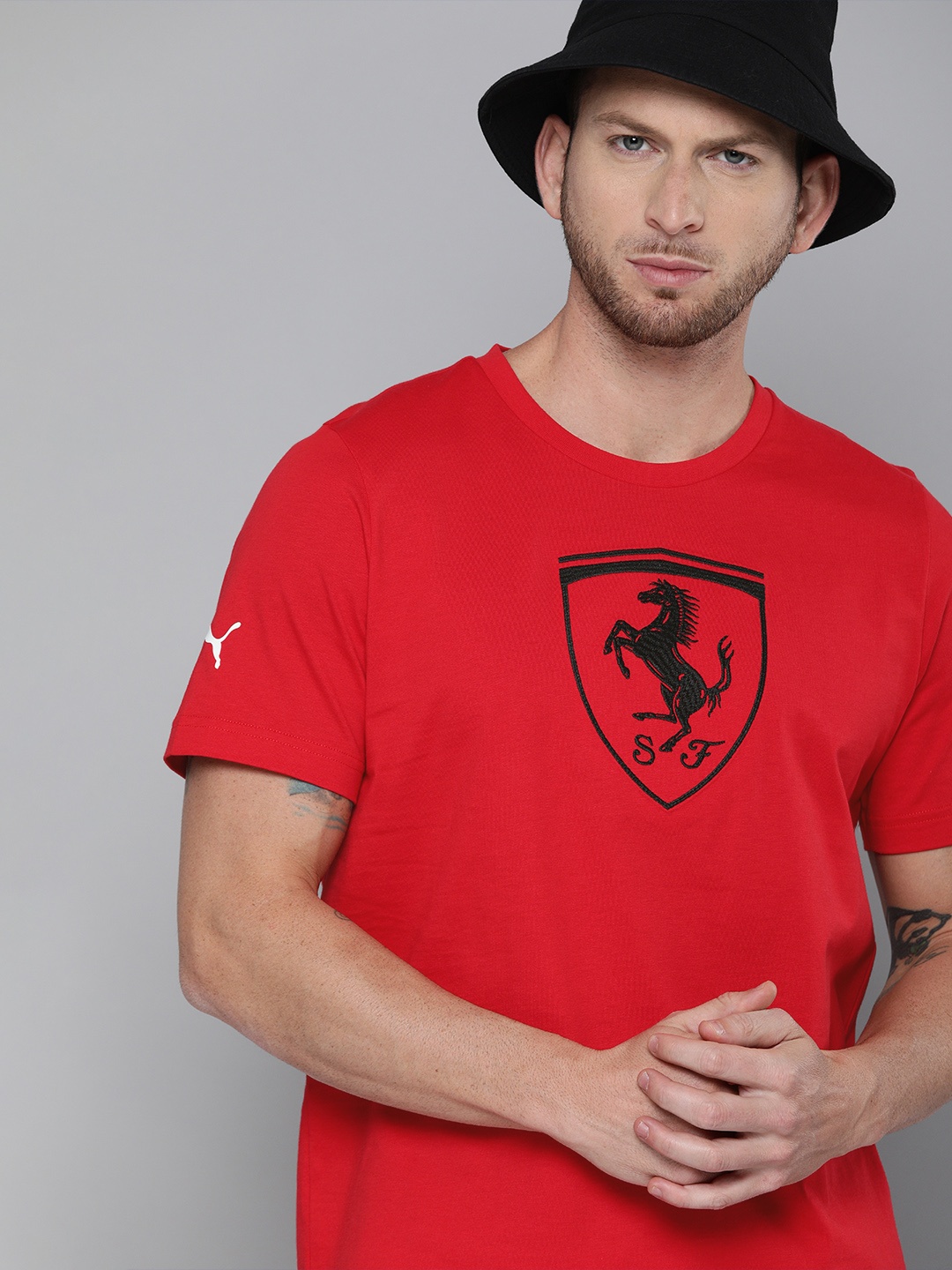 

PUMA Motorsport Men Red Black Printed Scuderia Ferrari Race Big Shield Coloured Pure Cotton Motorsports T-shirt