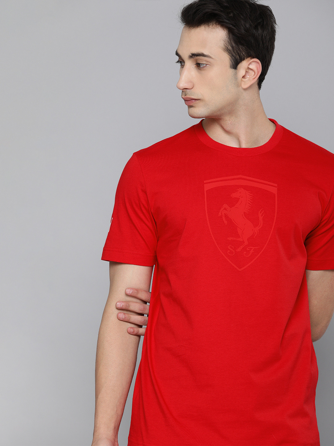 

PUMA Motorsport Men Red Ferrari Race Big Shield Self Design Round Neck Pure Cotton MSP T-shirt