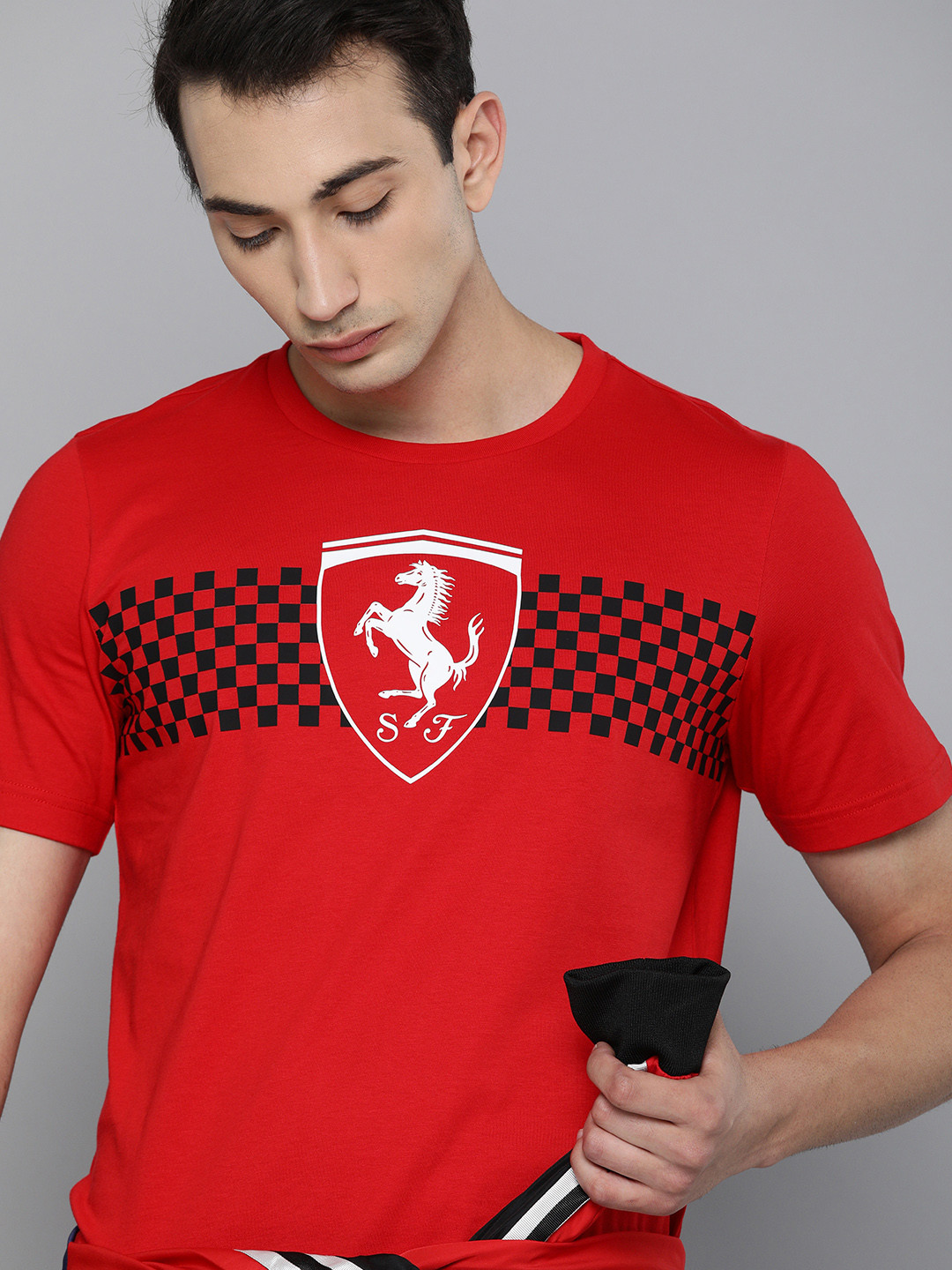 

PUMA Motorsport Men Red Ferrari Race Checkered Flag Printed Round Neck Pure Cotton Motorsports T-shirt