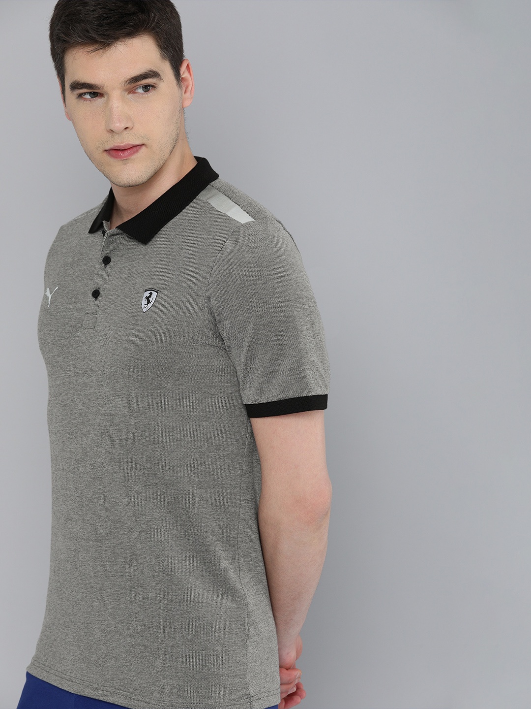 

PUMA Motorsport Men Grey Solid Scuderia Ferrari Style 2-tone Contrast Polo Collar Motorsport T-shirt