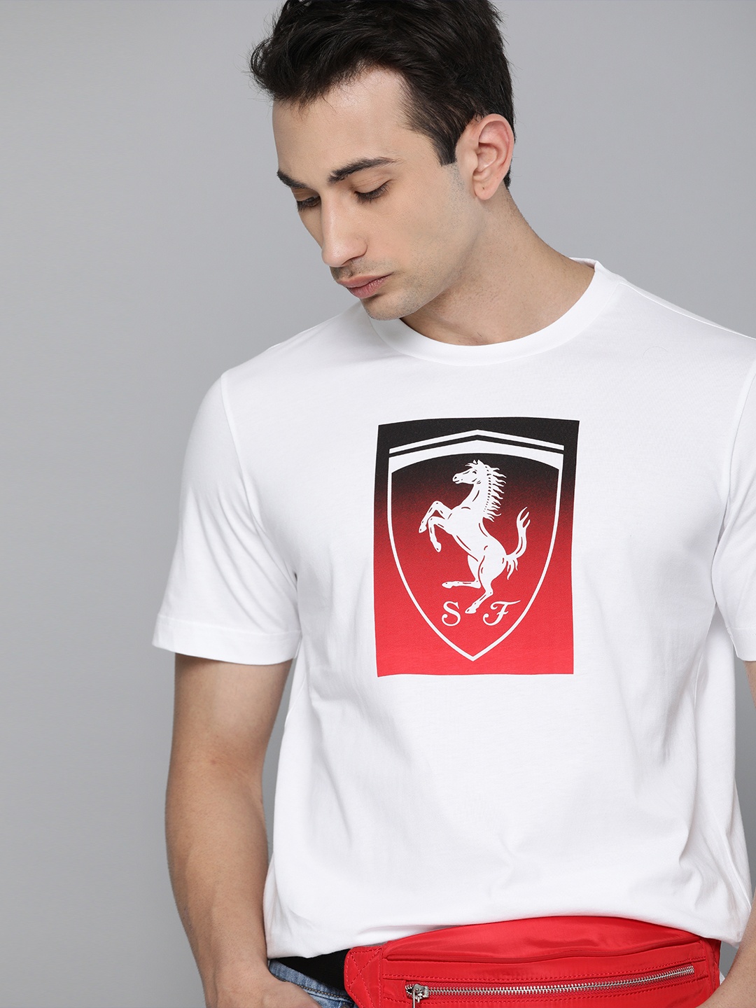 

PUMA Motorsport Men White Ferrari Race Big Shield Printed Round Neck Pure Cotton Motorsports T-shirt