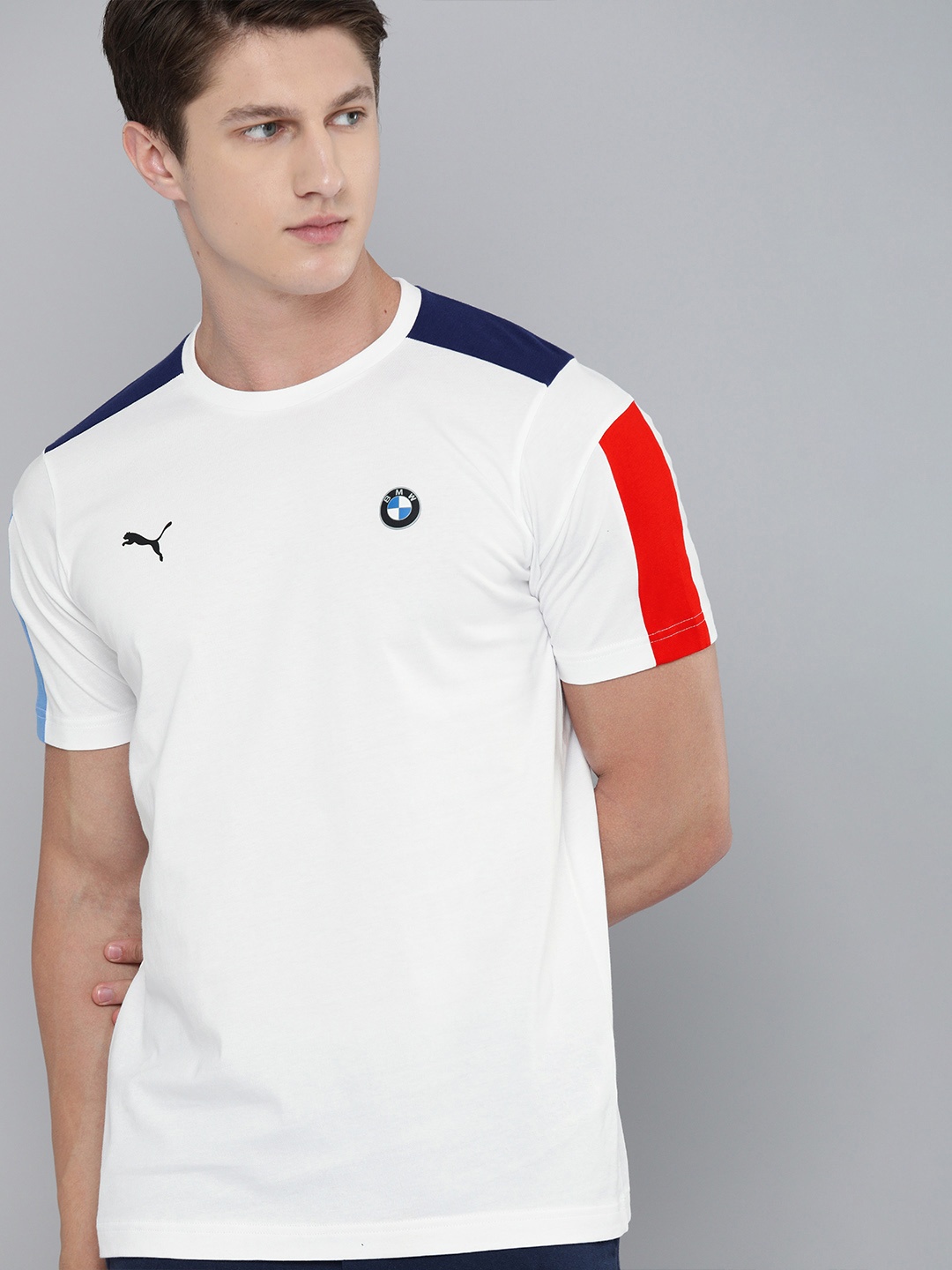 

PUMA Motorsport Men White Navy Blue Colourblocked BMW M T7 Pure Cotton T-shirt