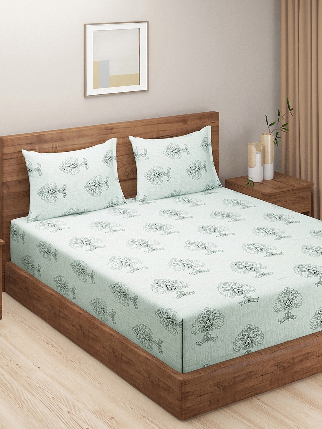

SWAYAM Green An&a Ethnic Motif Print 210 TC Cotton Double Bedsheet Set, Blue