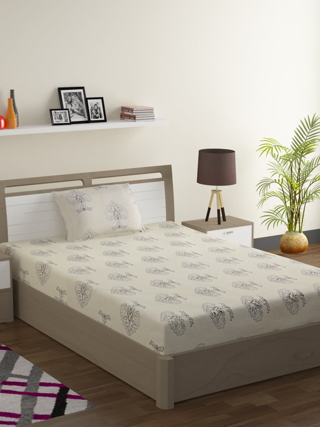 

SWAYAM Off-White & Grey Ethnic Motifs 200 TC Cotton 1 Single Bedsheet with 1 Pillow Covers