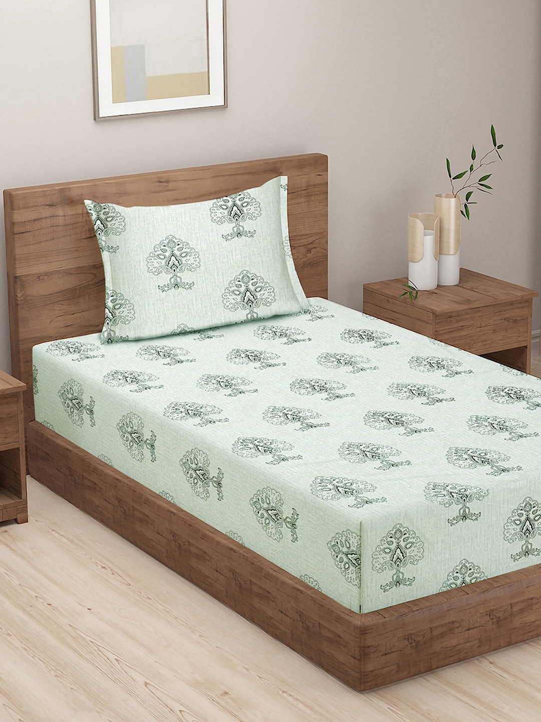 

SWAYAM Green An&a Ethnic Motif Print 210 TC Cotton Single Bedsheet & 1 Pillow Cover, Blue