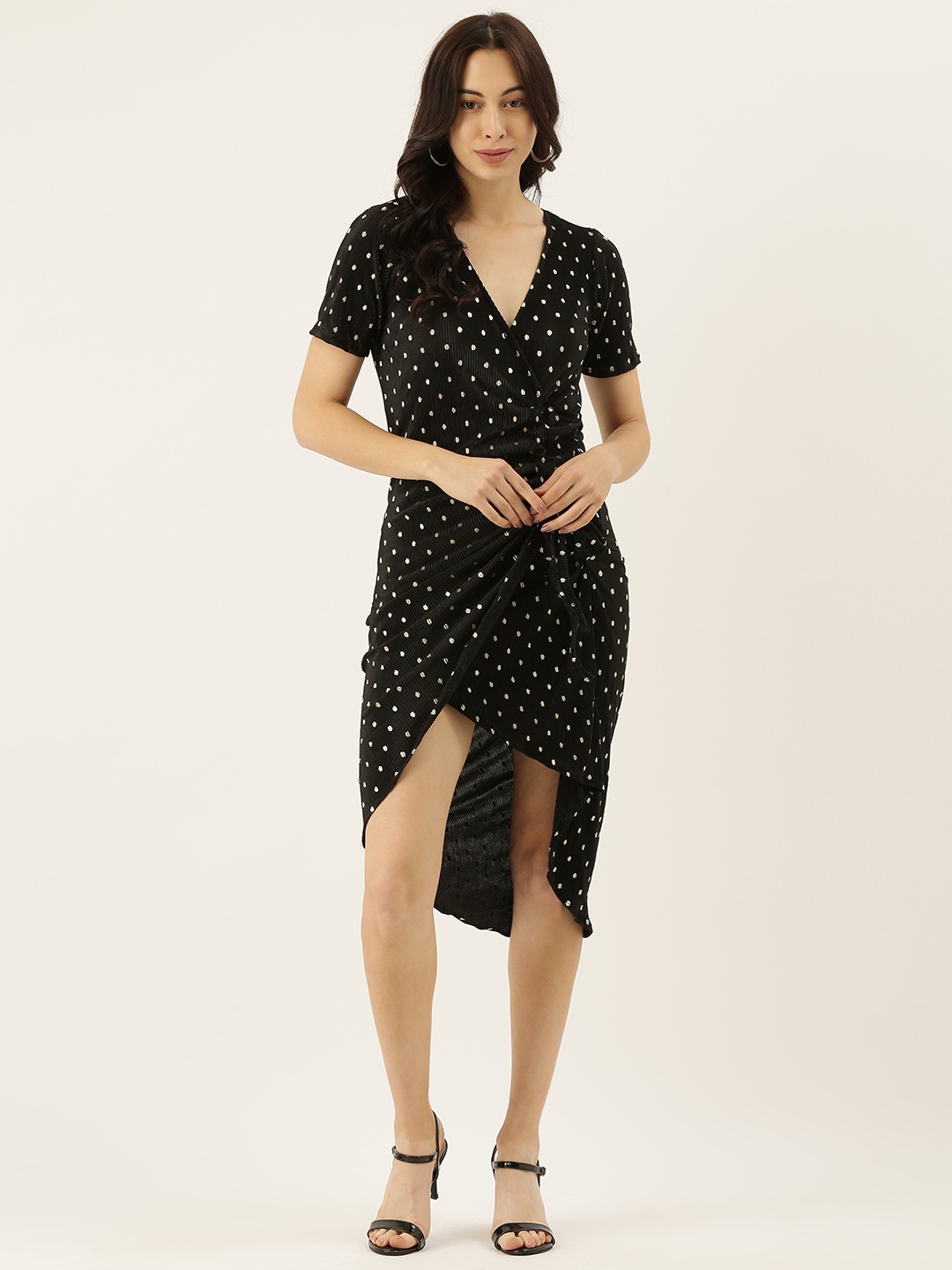 

Campus Sutra Women Black & Silver-Toned Printed Wrap Dress