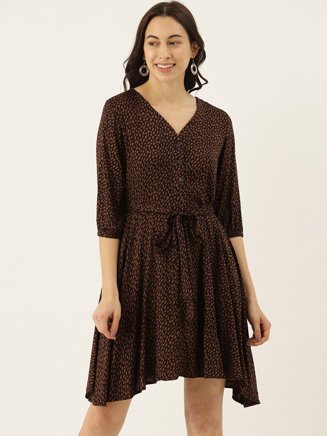 

Campus Sutra Women Black & Brown Printed Cotton A-Line Asymmetric Dress With Belt