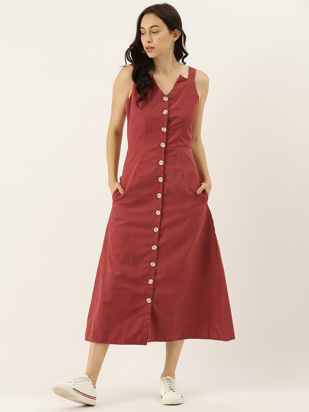 

Campus Sutra Women Rust Red Solid Cotton A-Line Midi Dress