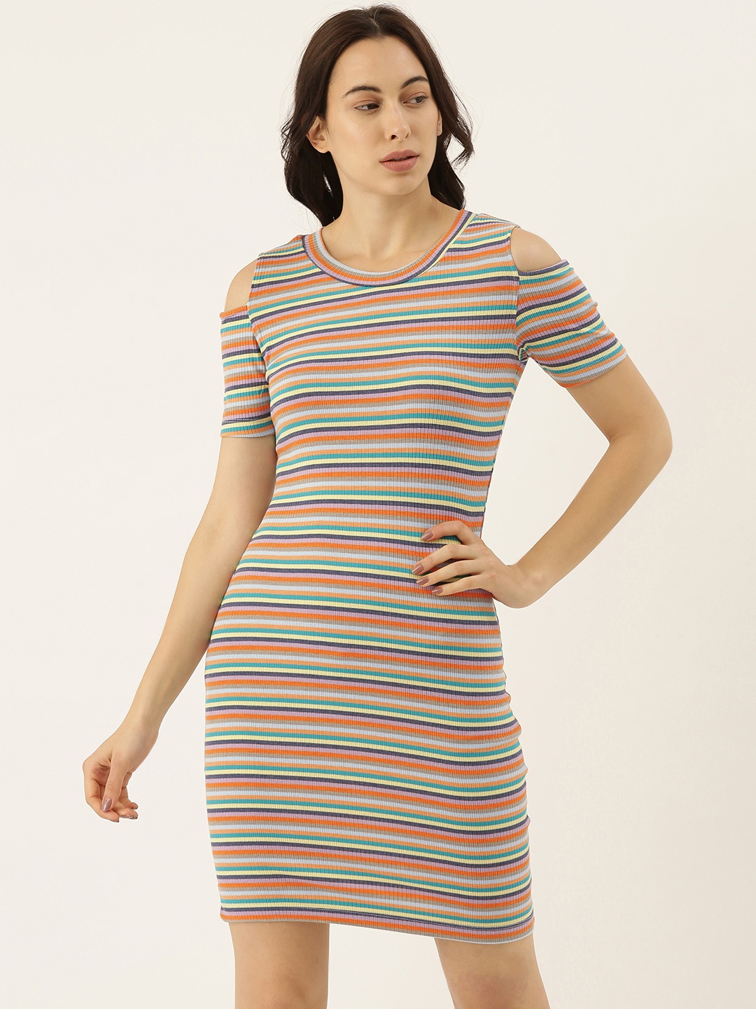 

Campus Sutra Women Lavender & Orange Striped Cold-Shoulder Cotton Sheath Dress