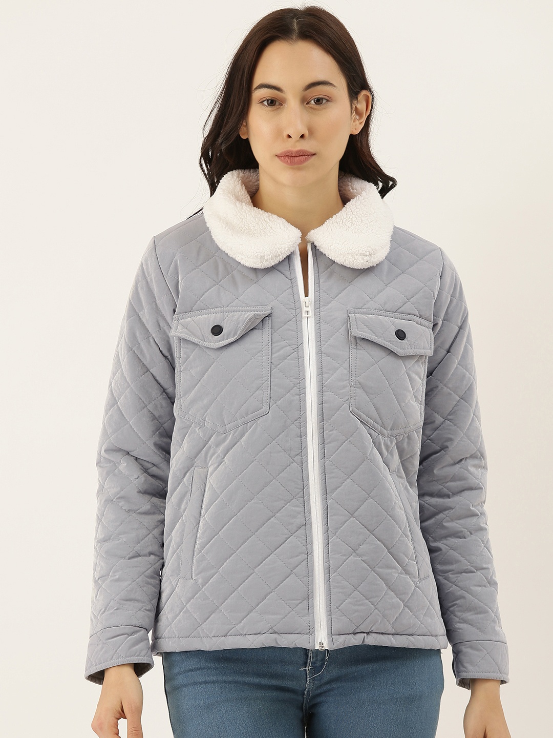 

Campus Sutra Women Grey Solid Windcheater Biker Jacket