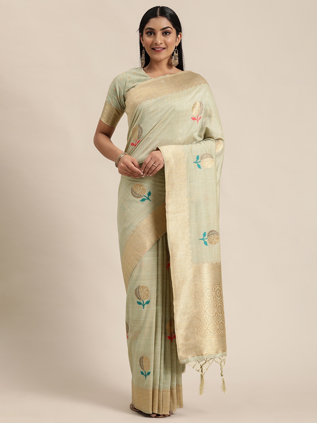 

flaher Green & Gold-Toned Woven Design Banarasi Saree