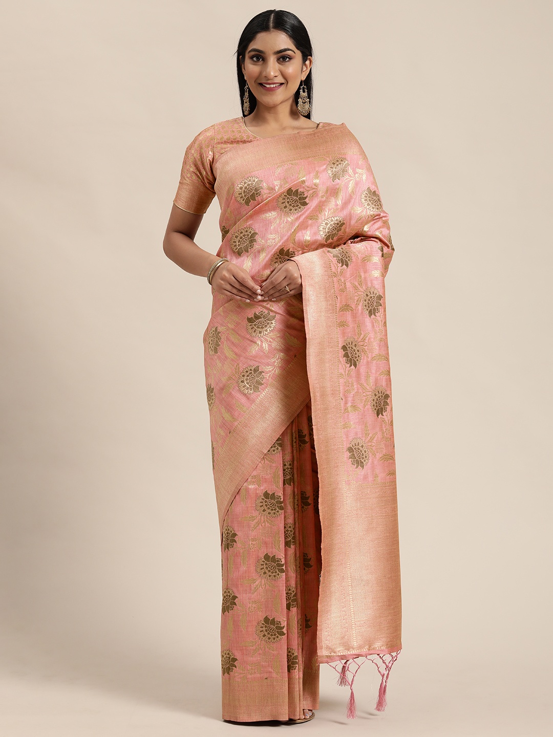 

flaher Pink & Gold-Toned Woven Design Banarasi Saree