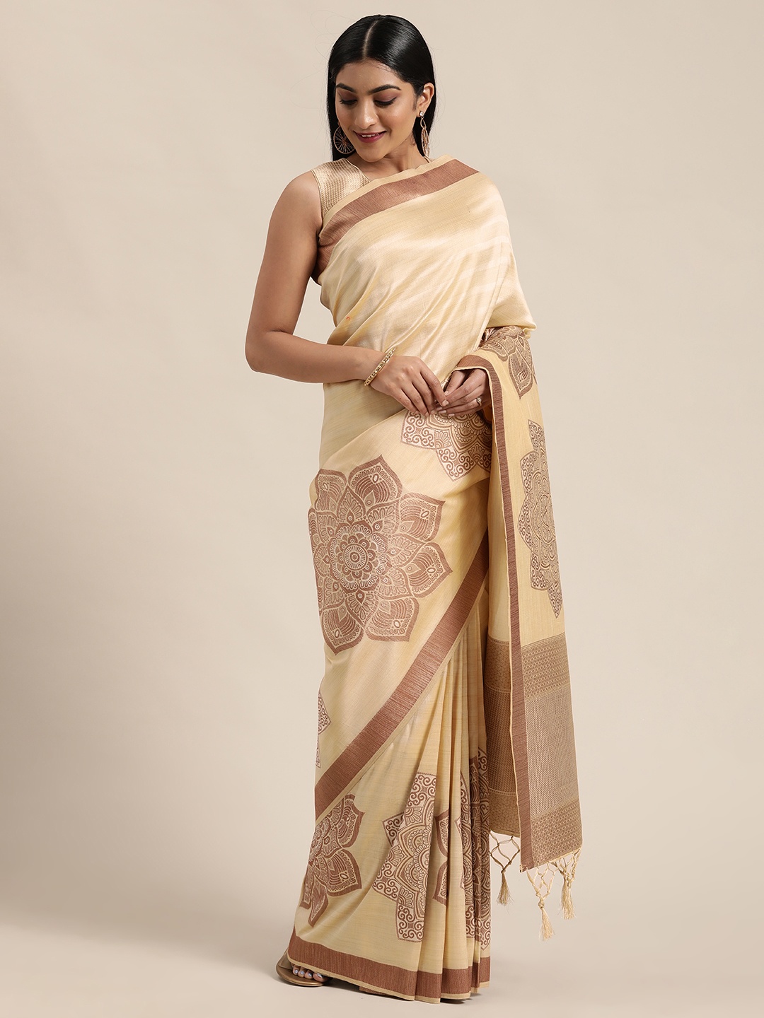 

flaher Cream-Coloured & Beige Woven Design Banarasi Saree