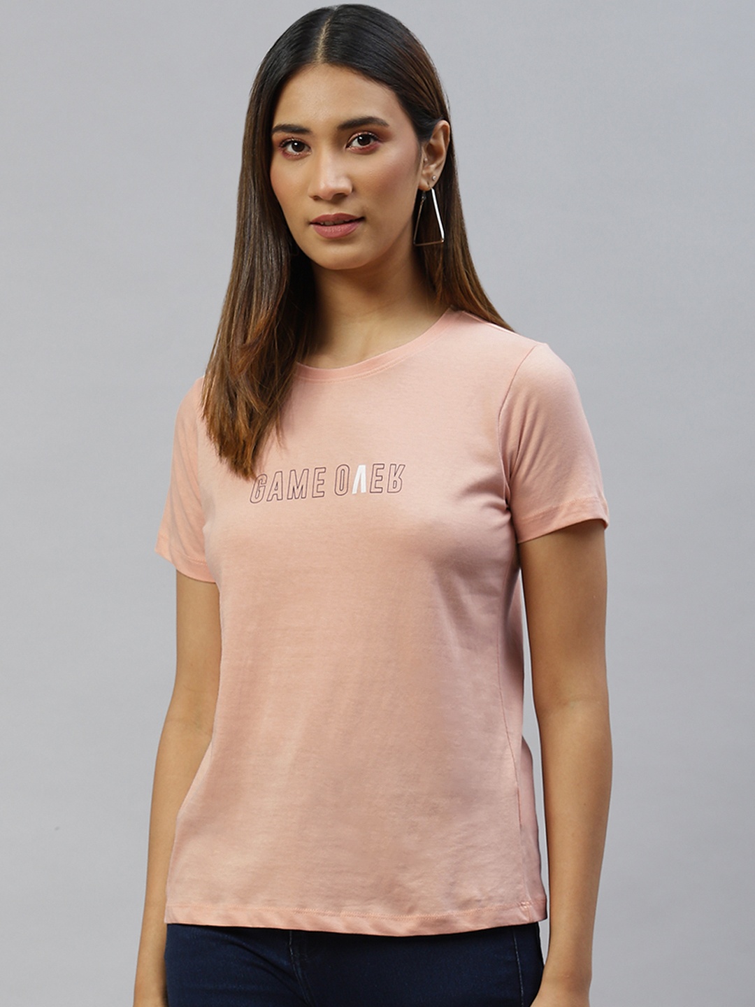 

Metronaut Women Peach-Coloured Typography Printed Pure Cotton T-shirt