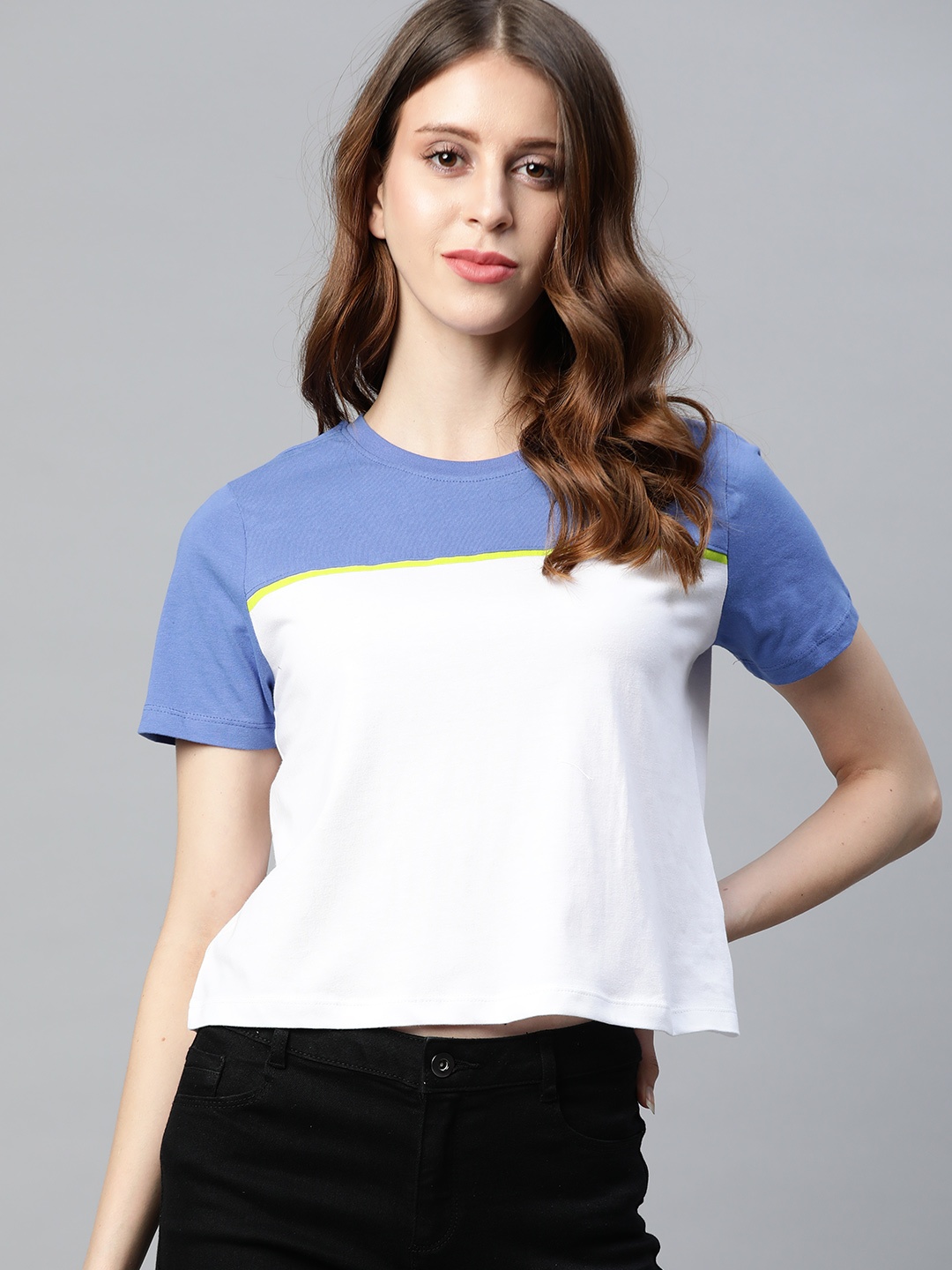 

Metronaut Women Blue & White Colourblocked T-shirt