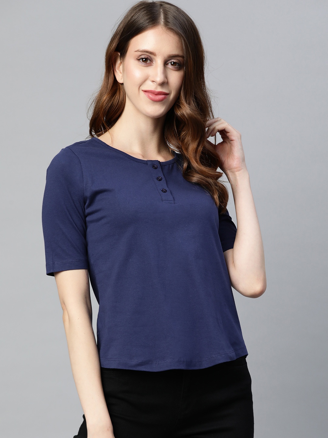 

Metronaut Women Navy Blue Pure Cotton Solid Henley Neck T-shirt
