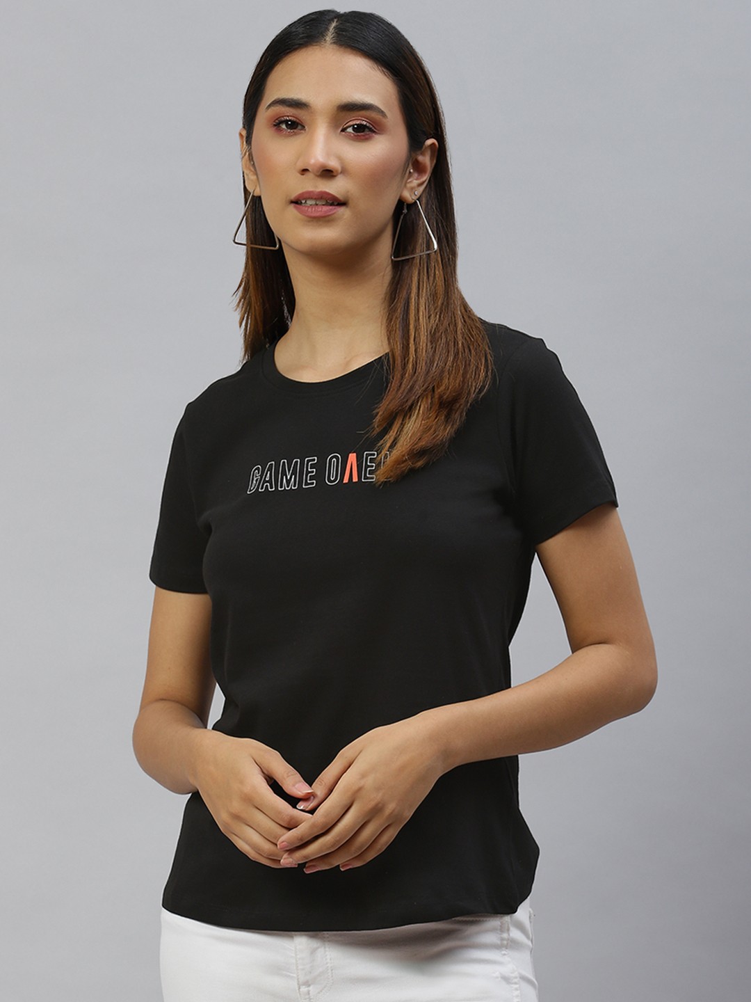

Metronaut Women Black Pure Cotton Printed Detail T-shirt