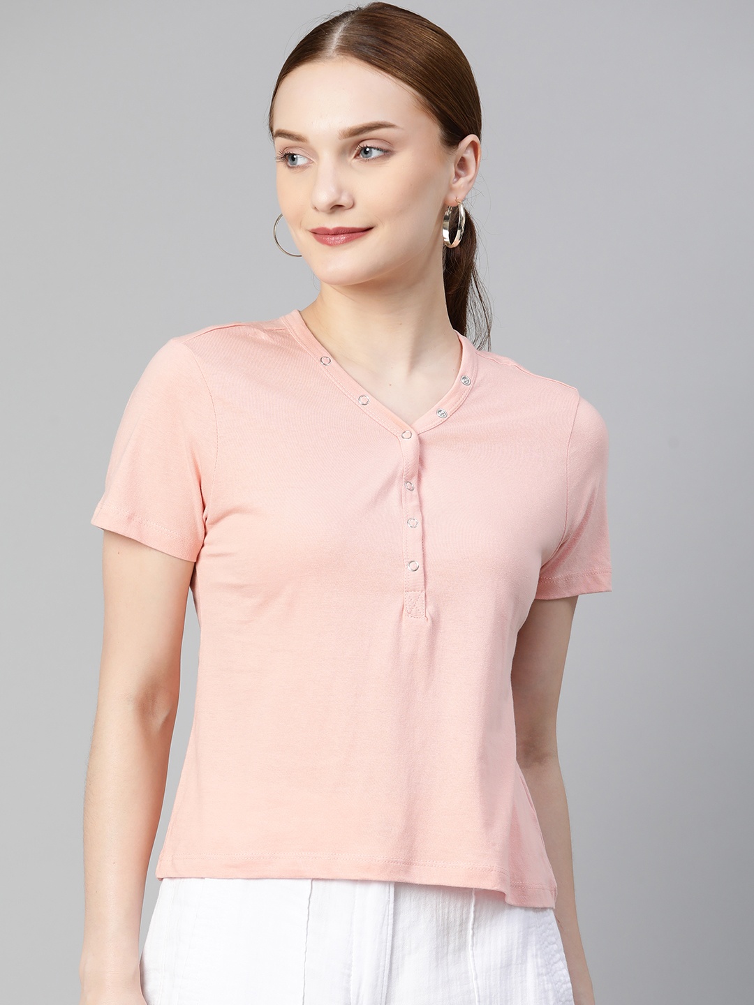 

Metronaut Women Pink Pure Cotton Solid Henley Neck T-shirt