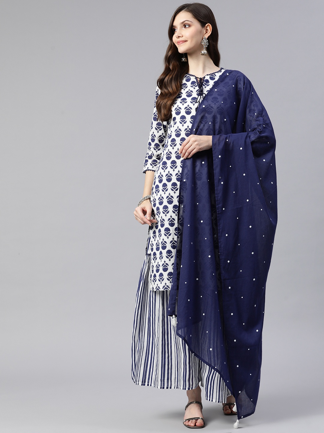 

Rangriti Women Ethnic Motifs Printed Pure Cotton Kurta with Sharara & With Dupatta, Navy blue