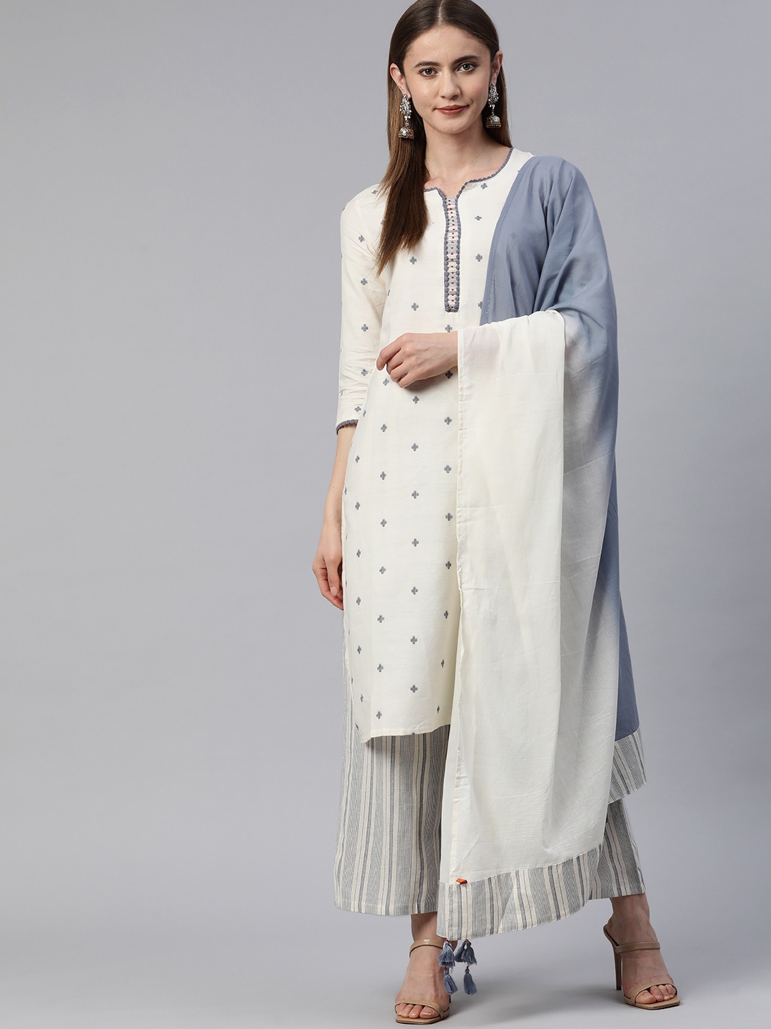 

Rangriti Women Off White Ethnic Motifs Printed Kurta with Palazzos & With Dupatta