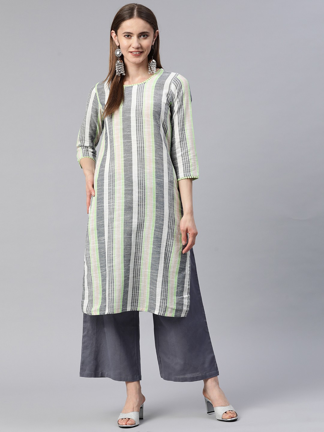 

Rangriti Women Printed Pure Cotton Kurta with Palazzos, Grey