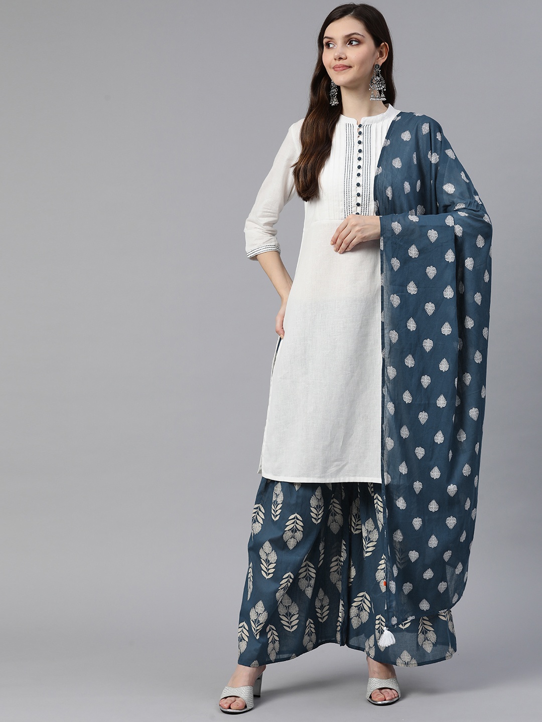

Rangriti Women Cotton Linen Kurta with Palazzos, White