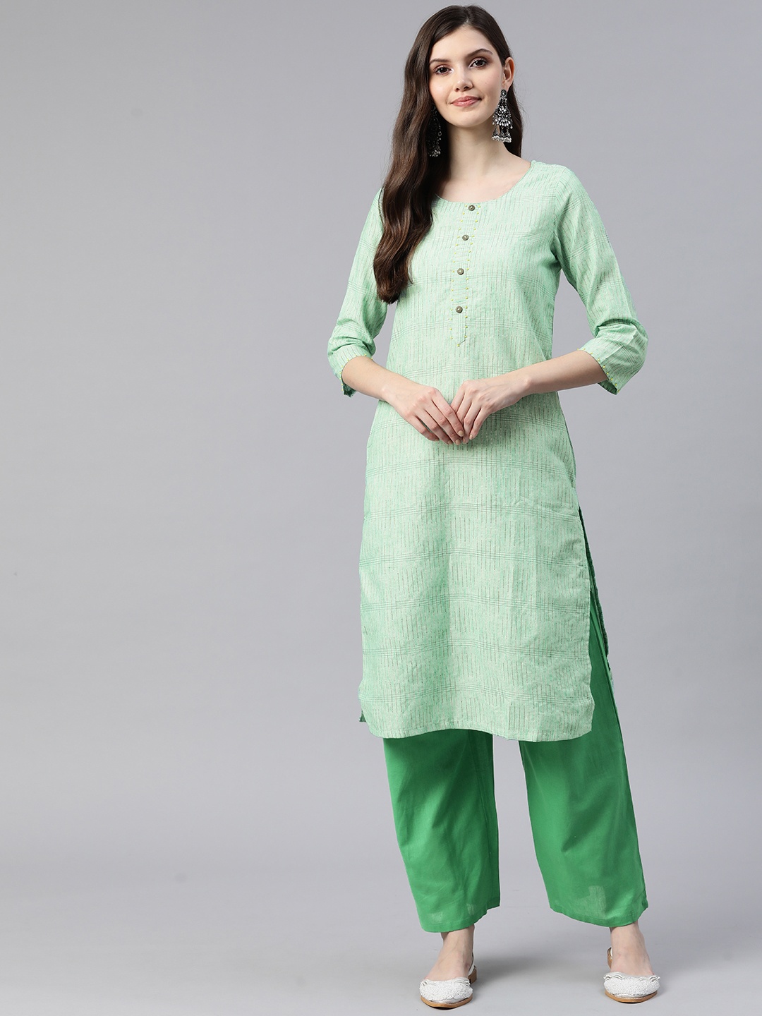 

Rangriti Women Cotton Self-Design Kurta with Palazzos, Green