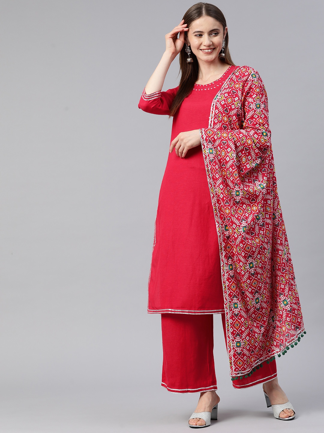 

Rangriti Women Red Ethnic Motifs Gotta Patti Kurta with Palazzos & With Dupatta