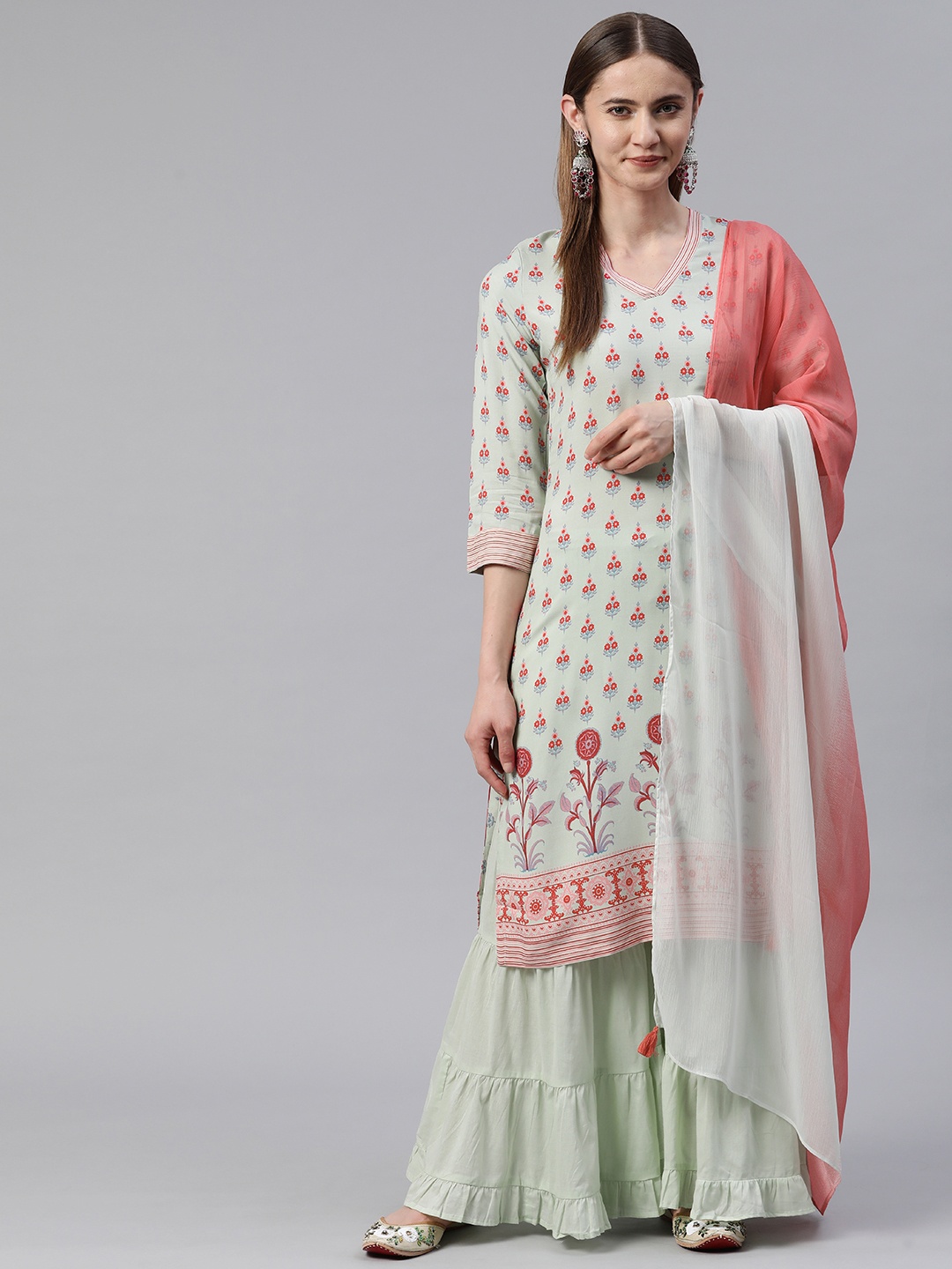 

Rangriti Women Floral Printed Kurta with Sharara & With Dupatta, Green