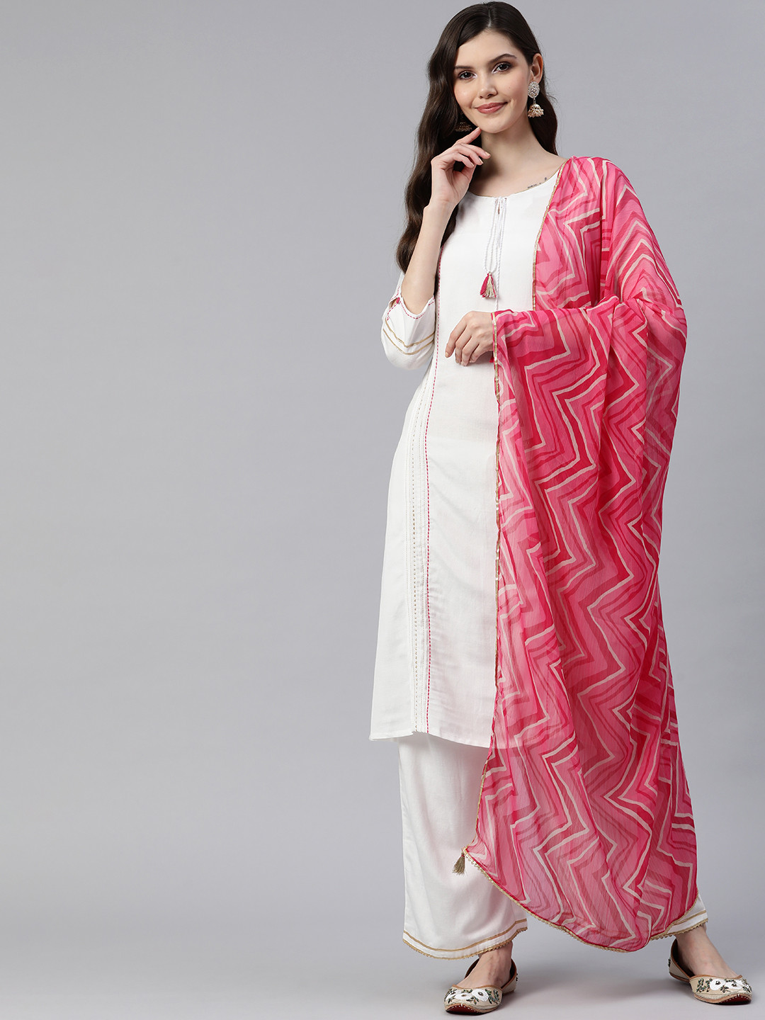 

Rangriti Women White Kurta with Palazzos & With Dupatta
