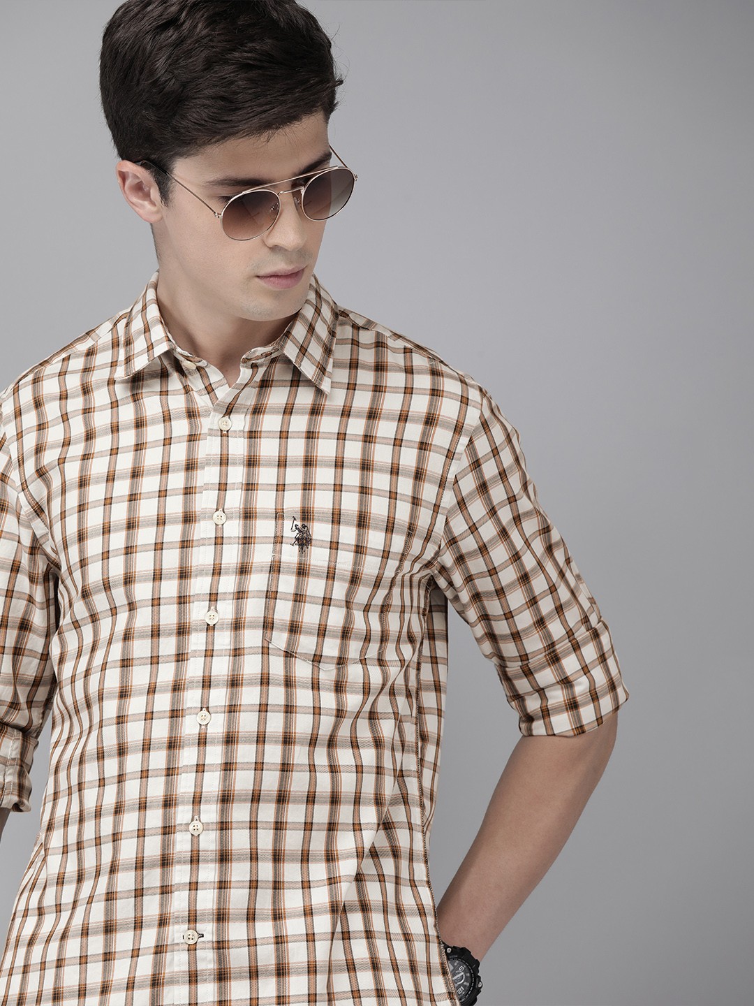 

U.S. Polo Assn. Men Brown & Beige Tailored Fit Checked Pure Cotton Casual Shirt