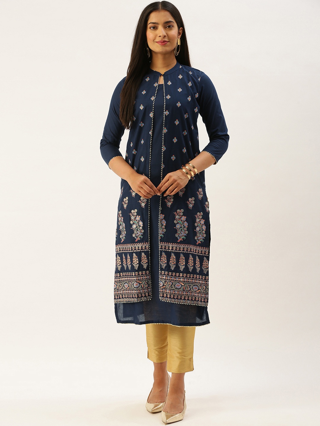 

SANISA Women Navy Blue Pure Cotton Ethnic Motifs Foil Printed Handloom Kurta