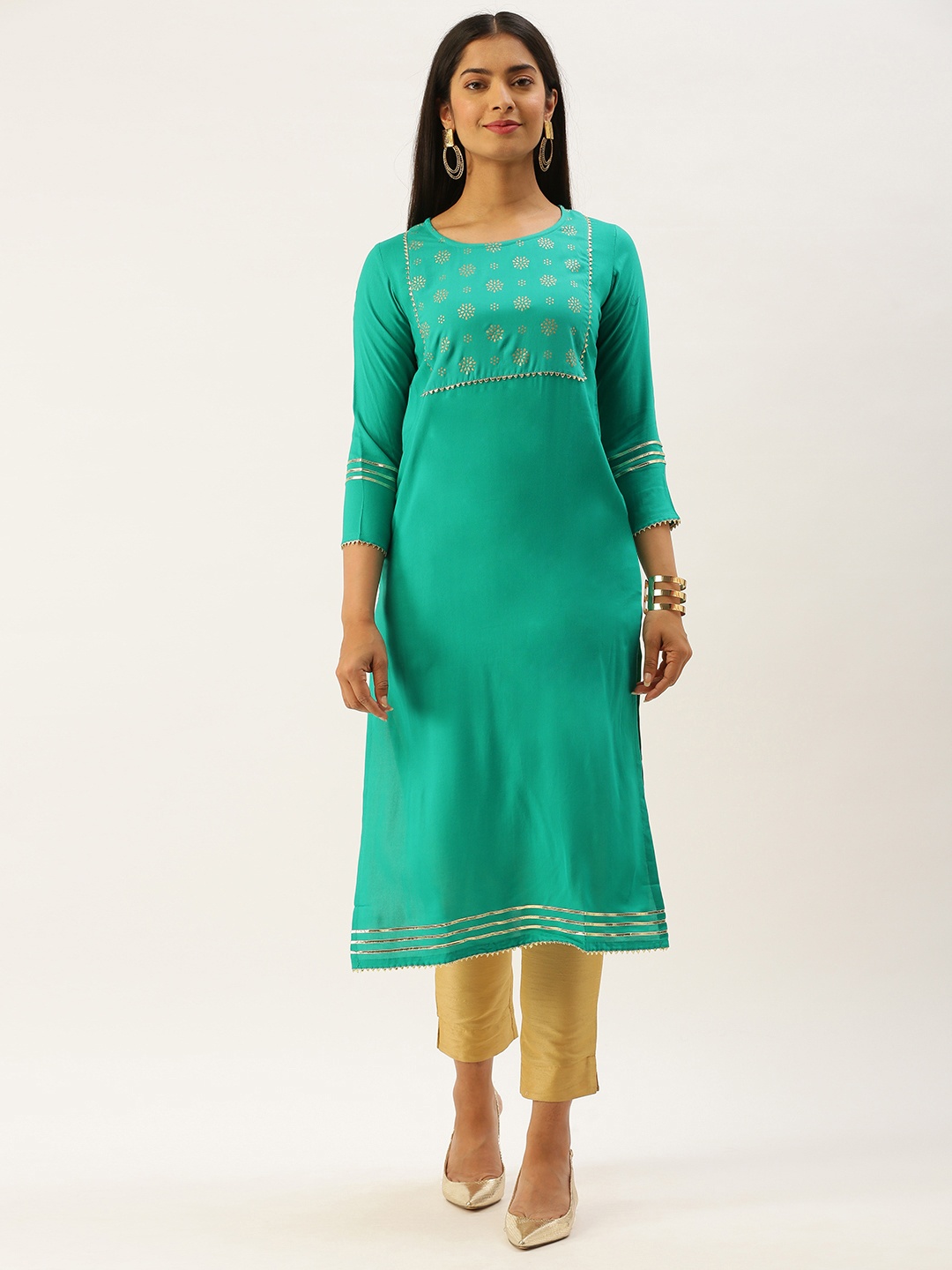 

SANISA Women Sea Green Yoke Design Foil Print Handloom Kurta