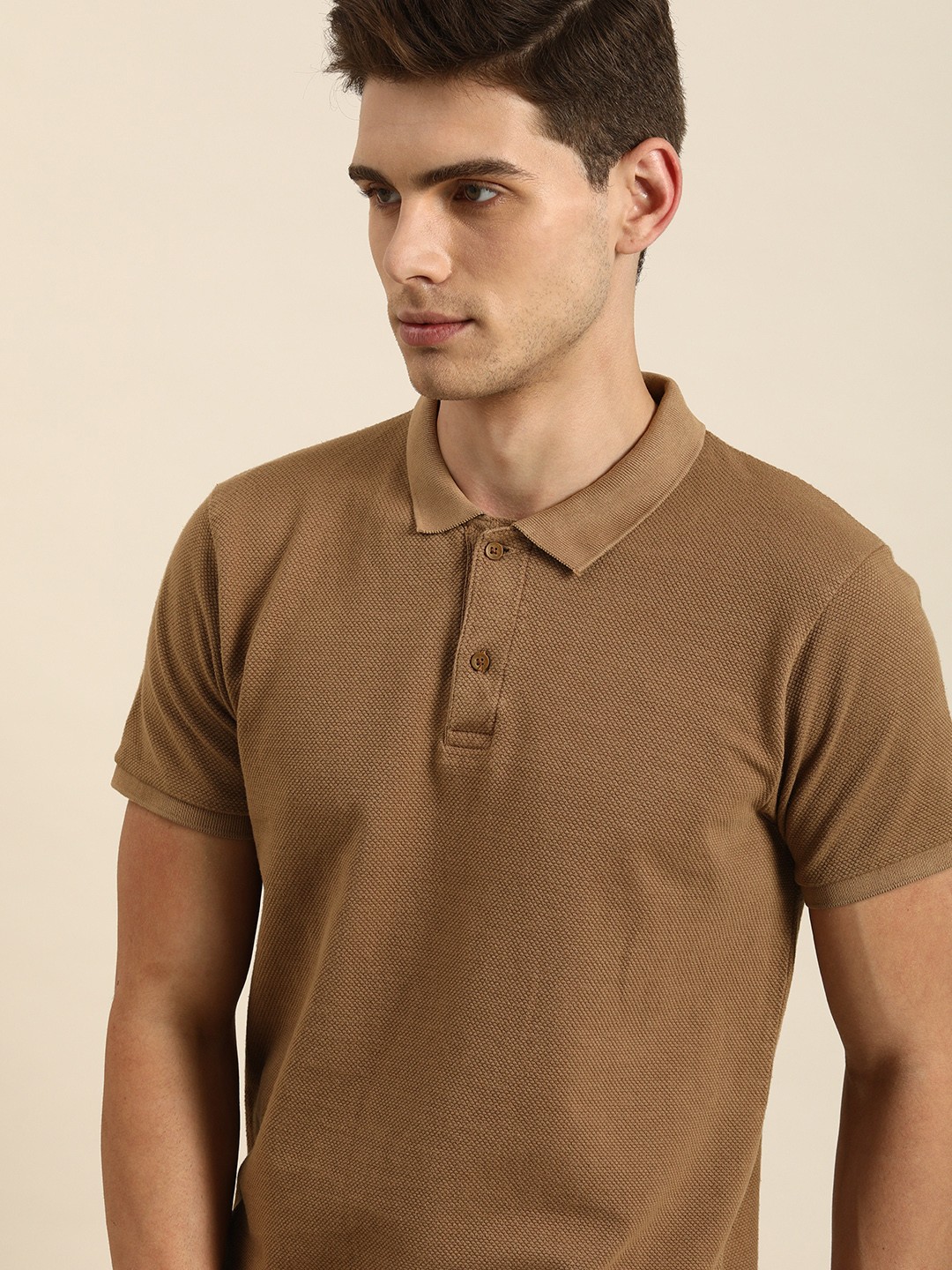 

ether Men Brown Self Design Polo Collar Pure Cotton T-shirt