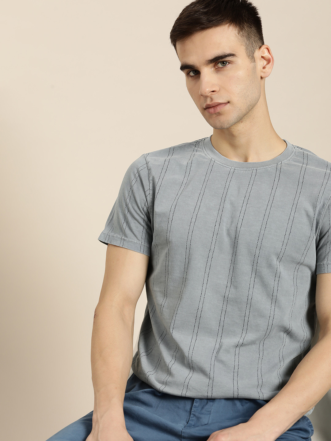 

ether Kora Collection Men Blue Handcrafted Sustainable Unbleached Cotton Striped Pure Cotton T-shirt