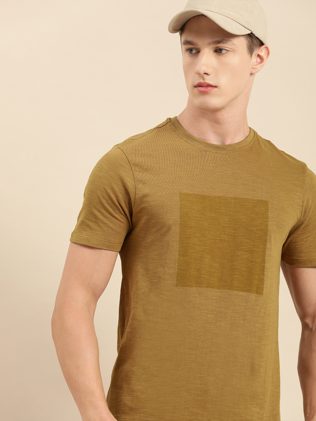 

ether Men Olive Brown Solid Round Neck Pure Cotton T-shirt