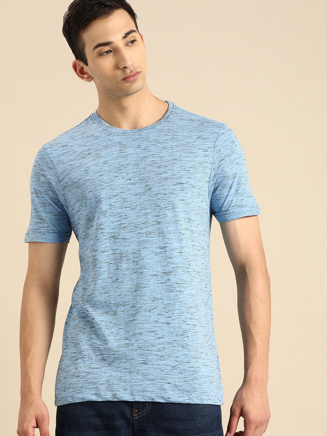 

ether Men Blue Self Design Round Neck Pure Cotton T-shirt