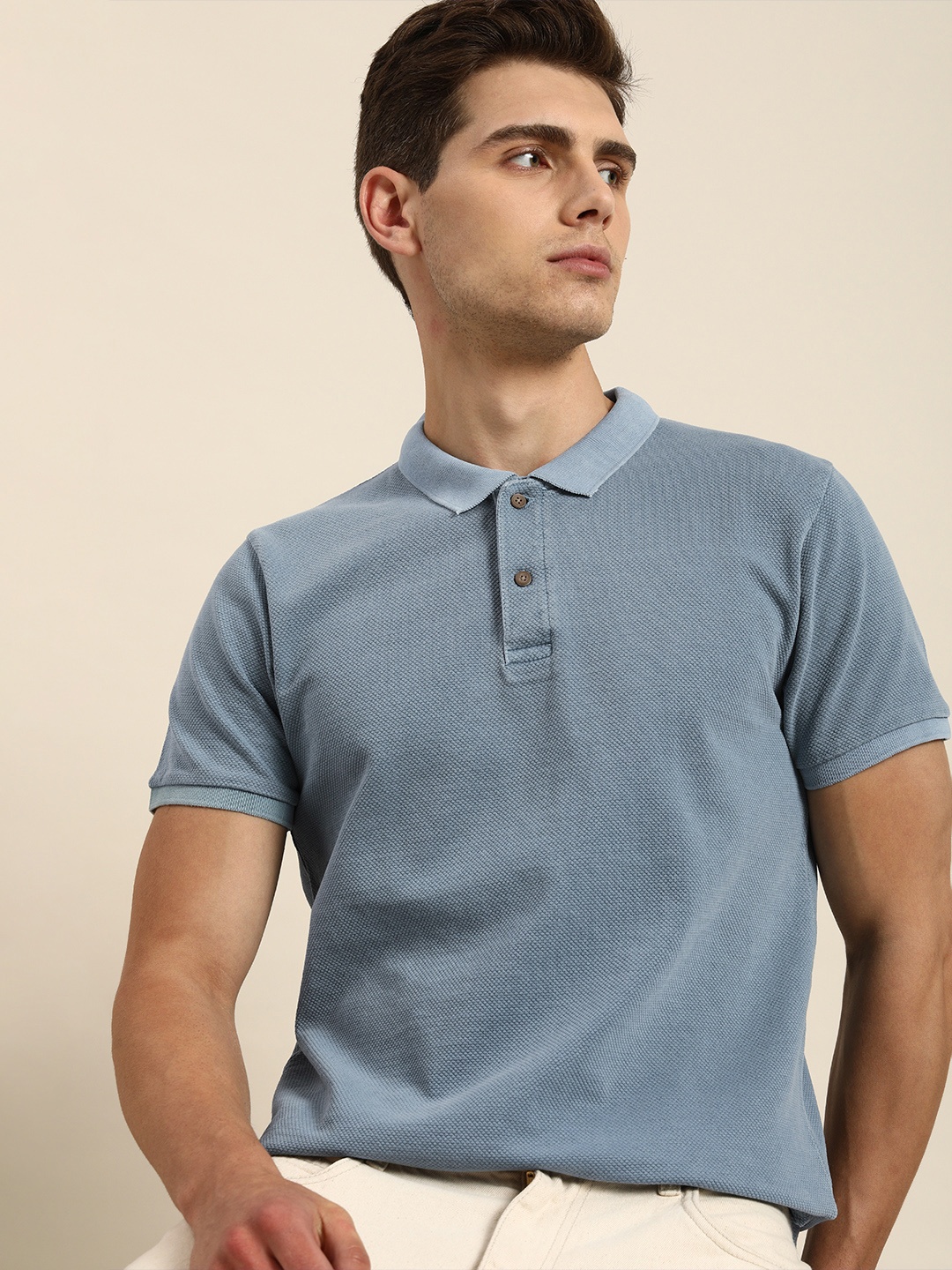 

ether Men Blue Self Design Polo Collar T-shirt
