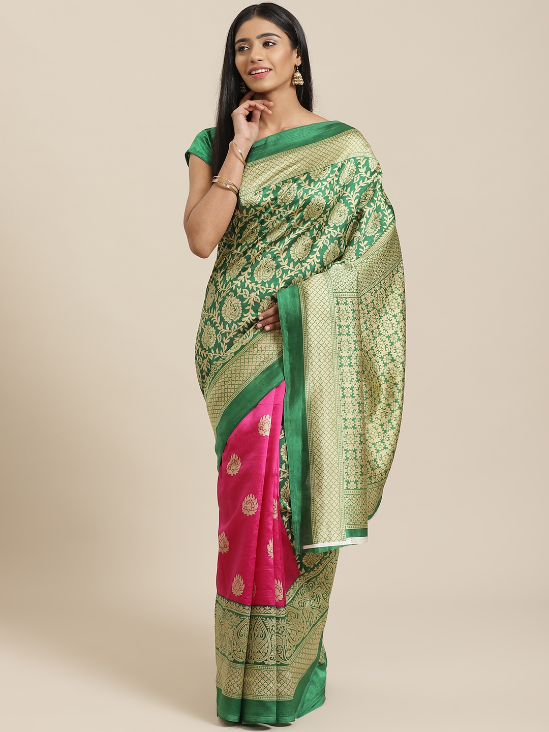 

KALINI Green & Pink Printed Half & Half Mysore Silk Saree