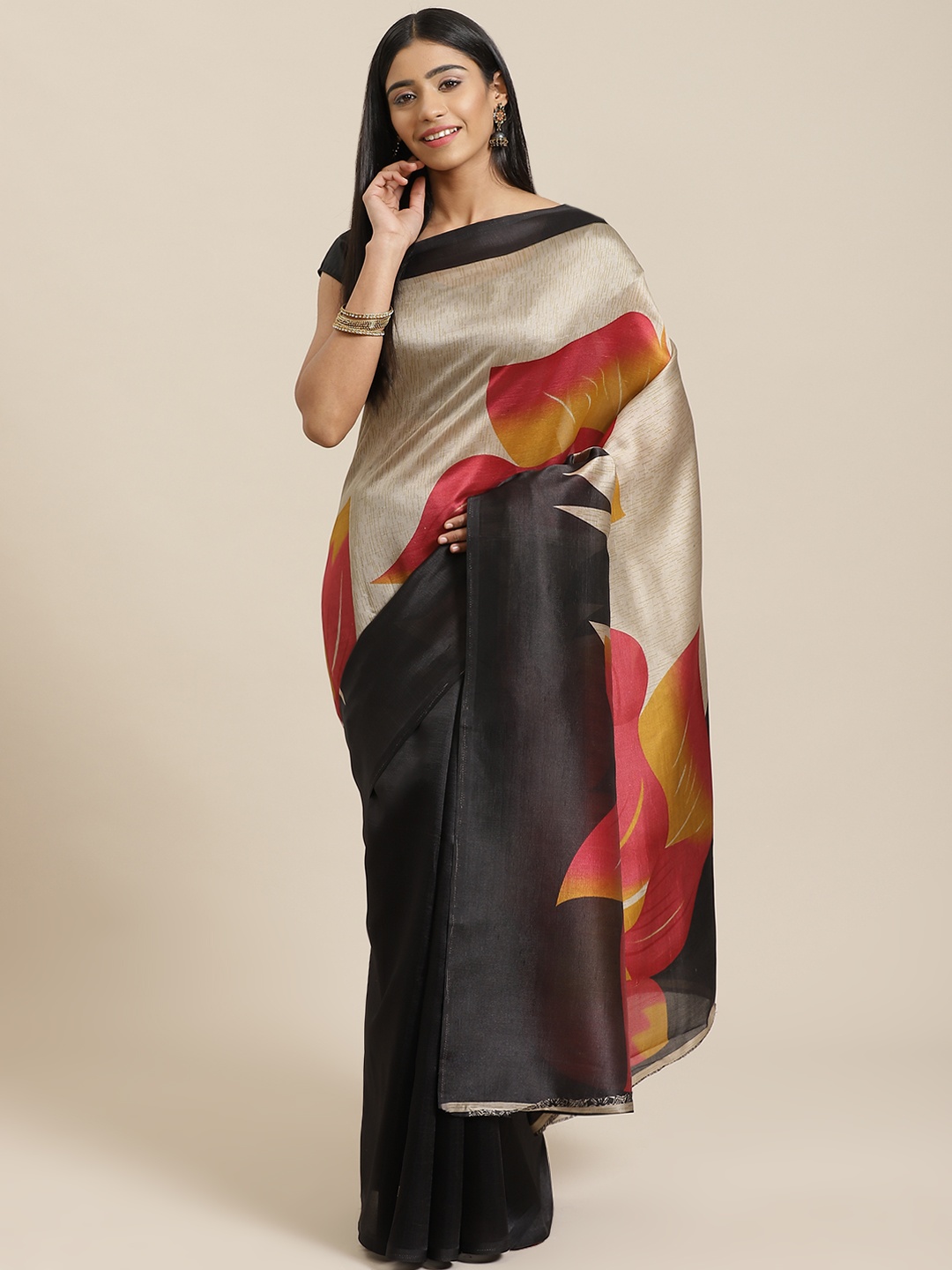 

KALINI Beige & Black Printed Mysore Silk Saree
