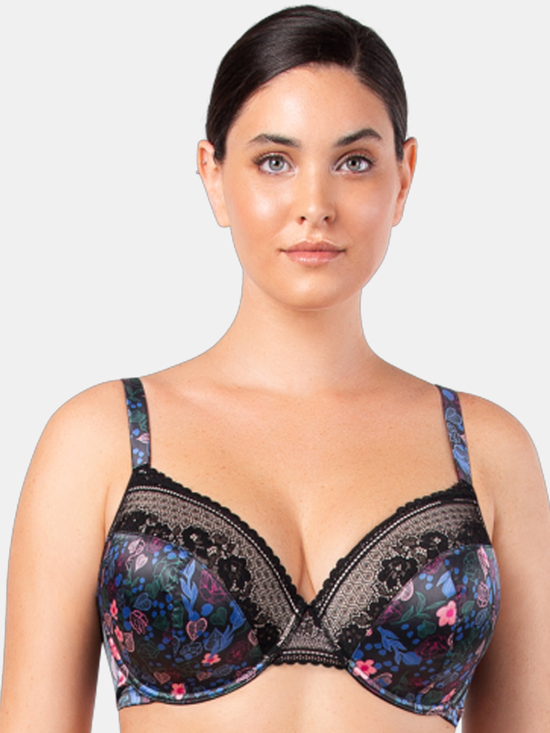 

PARFAIT Black & Coral Pink Floral Print Underwired Lightly Padded T-shirt Bra A1652